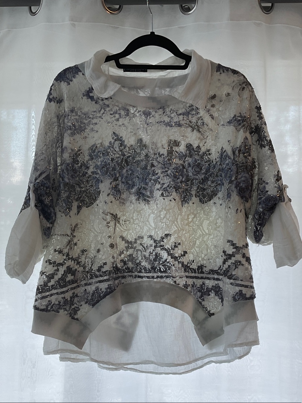 Bella Amore White Lace Blouse with Blue Floral Embroidery